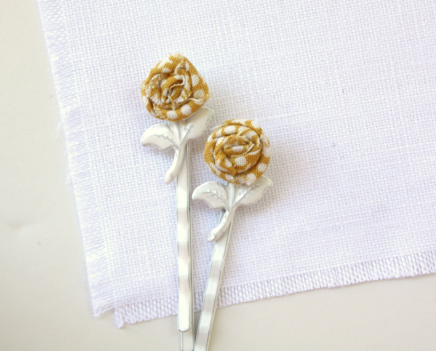 Rose Bobby Pin Set, Hair Accessories, Golden Rod Yellow, Mustard Yellow, White Metal Rose Stem-READY TO SHIP