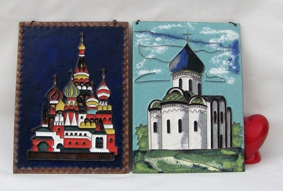 Vintage 1960s Russian Enameled Wall Plaques - Copper Base - Original Tags - Awesome Work