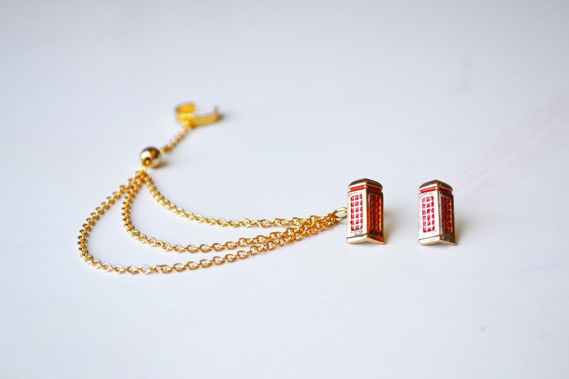 Red Phone Booth Gold Ear Cuff (Pair)