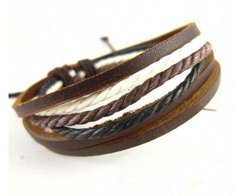 Bangle Bracelet Cuff Made of Leather and Rope adjustable B657