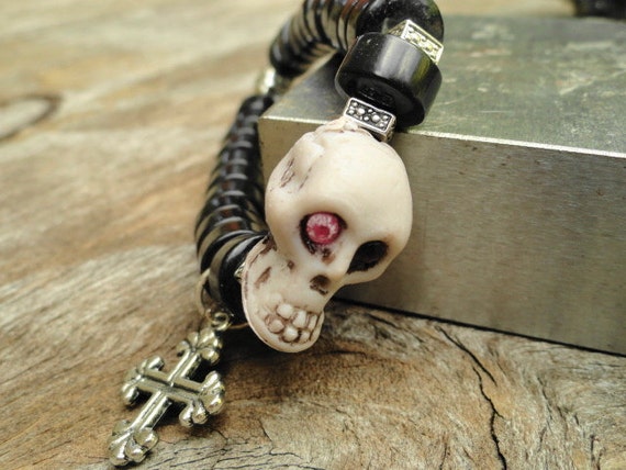 Skull bracelet black with silver cross charm dia de los muertos goth rocker