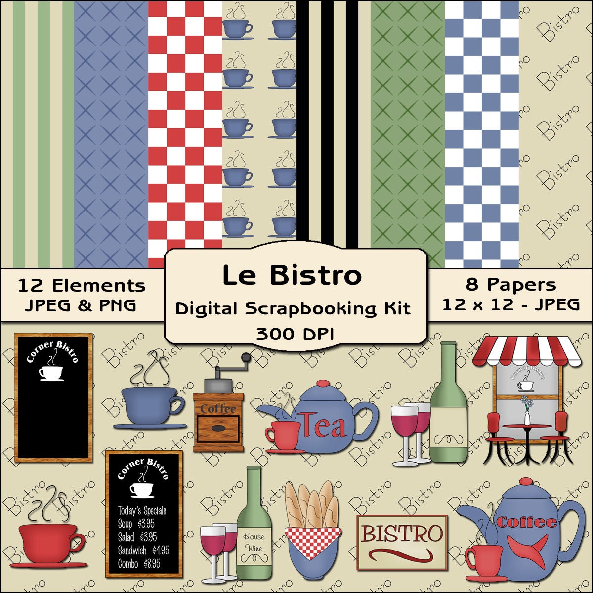 Le Bistro Restaurant Digital Scrapbooking Kit - Food Clipart, Restaurant Clipart, Kitchen Digital Papers, Digital Backgrounds