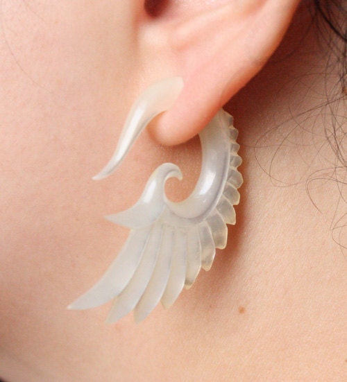 BRAVE Wing Earrings - Natural Mother of Pearl - Hand Carved Organic Fake Gauges