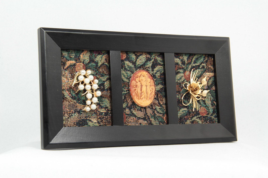 Framed Vintage Jewelry Art on Tapestry - In the Garden