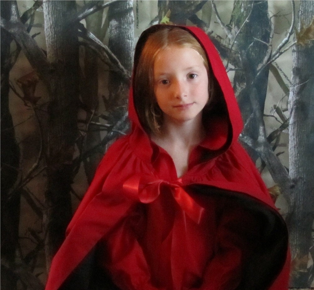 Child's Reversible Little Red Riding Hood Cloak or Cape In Bold Red, size 7 years to 12 years