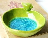 Bird Bath - Crackle Aqua Glass - Ring Catcher Home Decor - OOAK Lime Green Apple