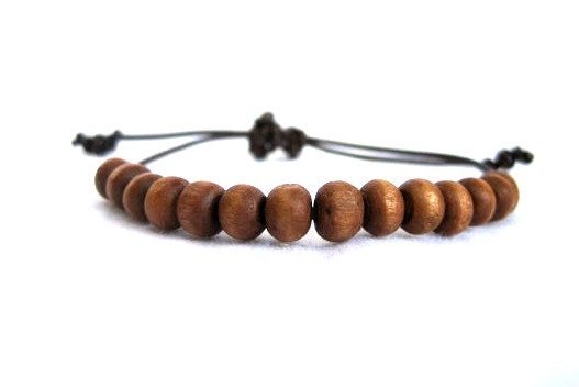 Natural Wood Beaded and Leather Bracelet, Adjustable Drawstring- CHESTNUT