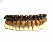 Natural Wood Beaded and Leather Bracelet, Adjustable Drawstring- Ombre Bracelet - CHESTNUT
