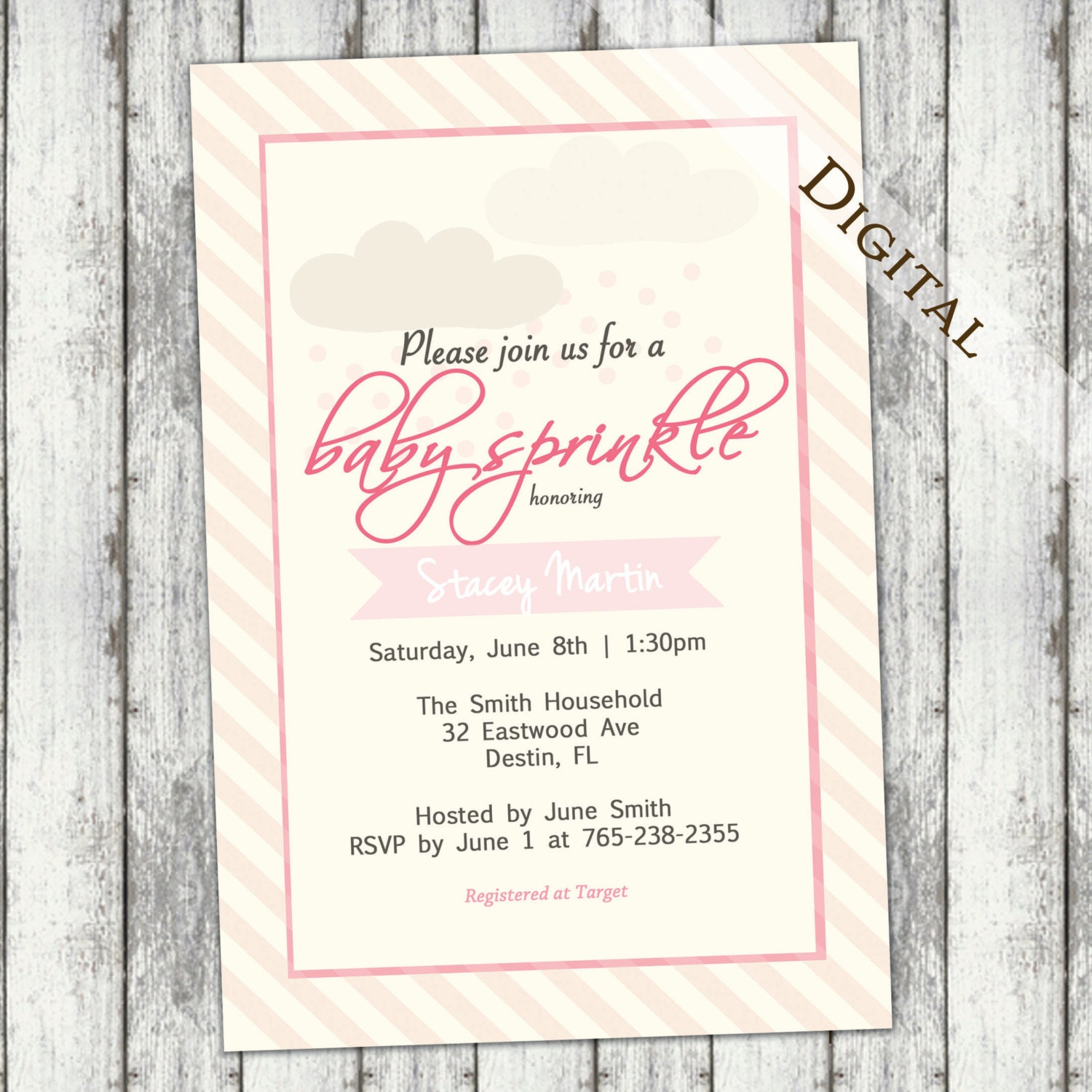 Sprinkle baby girl shower invitations, rain clouds, pink, gender neutral, digital, printable file, (item64a)