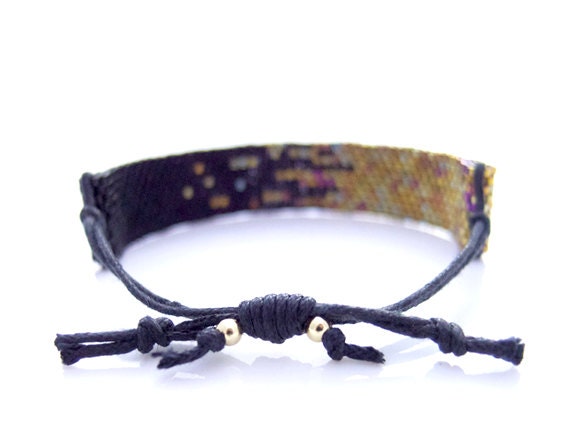 Black Beaded Bracelet, Cotton Cord Bracelet, Stardust Pixel Effect, Gold Cord Bracelet, OOAK Handmade by JeannieRichard