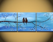 Blue Large Painting, Love Bird Wall Art, Sky Blue Cherry Tree Branch Flower Blossoms, Unique Large Custom Personalized, Multiple Canvases.