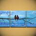 Blue Large Painting, Love Bird Wall Art, Sky Blue Cherry Tree Branch Flower Blossoms, Unique Large Custom Personalized, Multiple Canvases.