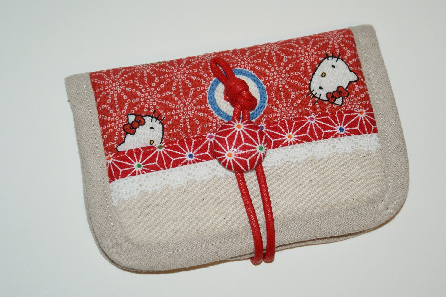 Fabric Credit / Debit / Card Case with 20 Plus Pocket Inserts Made with Cotton Linen and Lace "Hello Kitty Japanese Print"