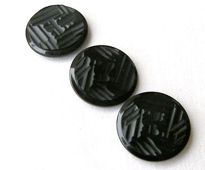 Trio of Large Black Vintage Buttons, Three Big Black Buttons, Large Vintage Buttons, Black Buttons,