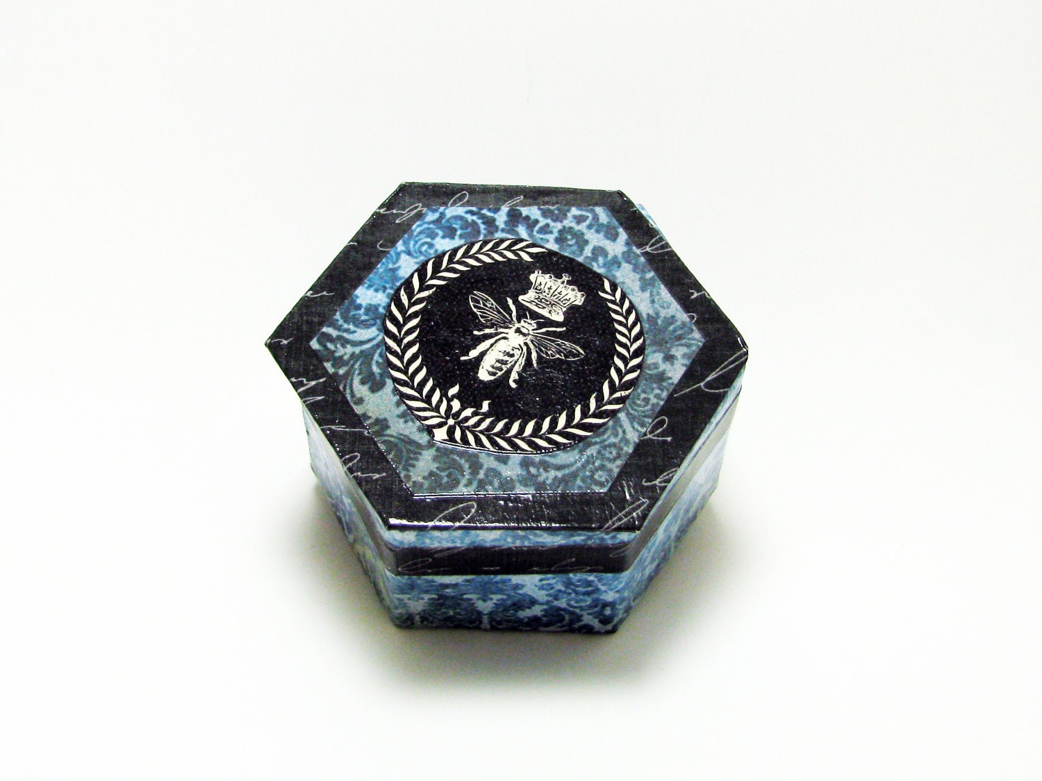 Queen Bee Blue Damask Decorative Box - Vintage Illustration - Lacquered - Decoupaged Keepsake Trinket Hexagon Shaped Box with Drop Lid