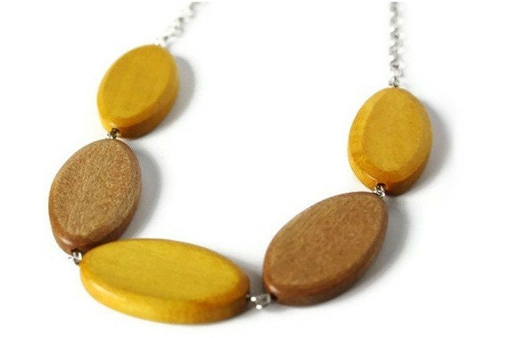 Mustard Yellow and Brown Chunky Wood Necklace, Beaded Necklace with Oval Wood Beads