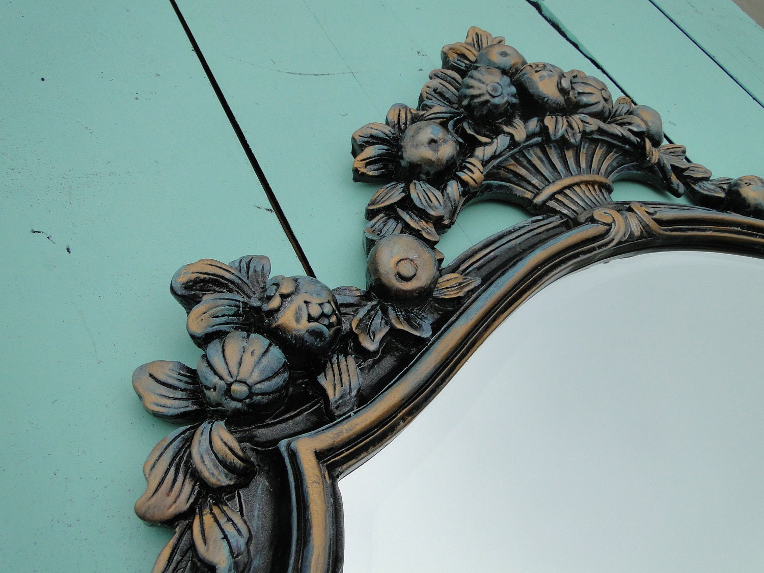 Large Vintage Mirror in Metallic Black, Patina and Gold "Aged Floral Basket"