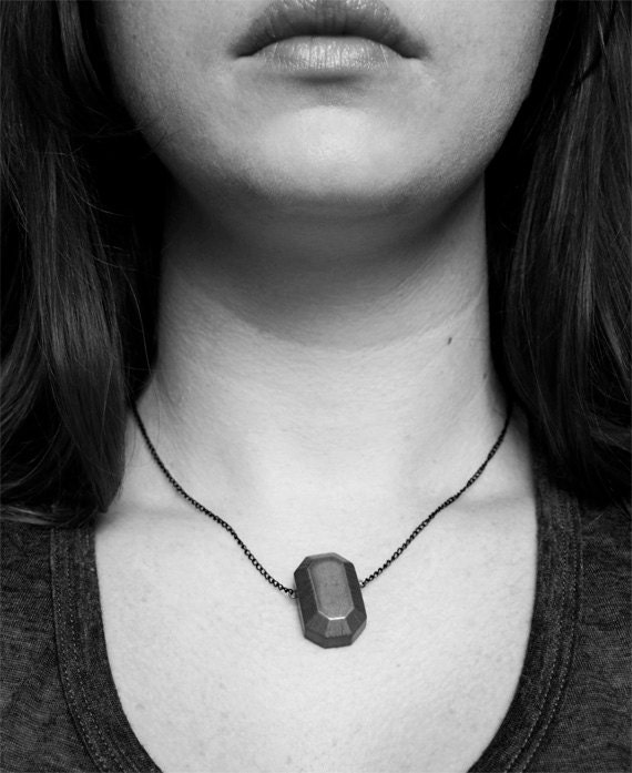 wood Diamond. geometric necklace. concrete grey faceted pendant on gold tone chain. Handcrafted wooden gemstone.