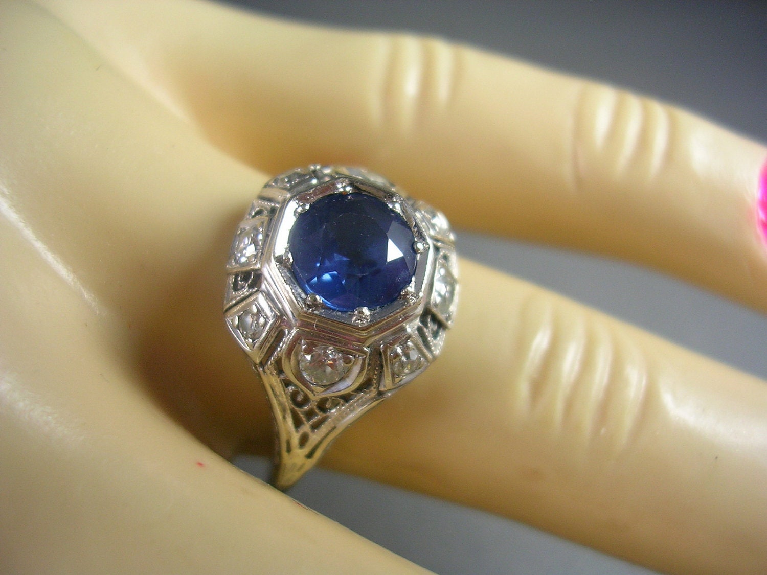 Ring on Layaway - Reserved for D - Payment 4 for D - 1930s Sapphire and Diamond Filigree Ring Art Deco 1.24 Ctw Size 6.75 White Gold 2.4gm