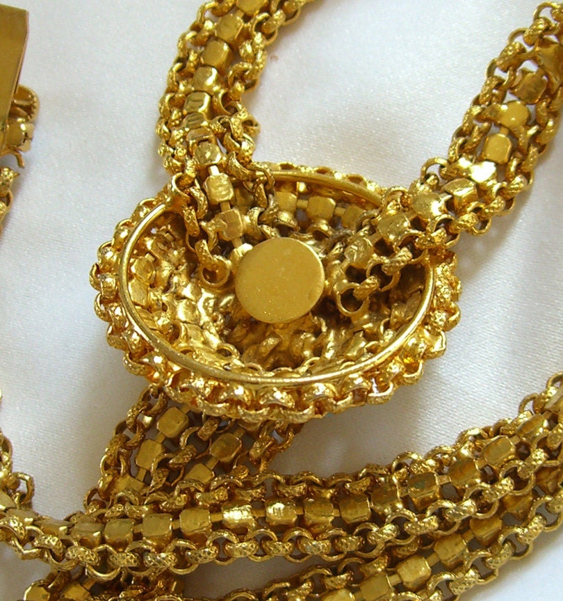 Miriam Haskell Style Necklace Turquoise Rhinestones Waterfall Mesh Vintage 1940s Jewelry