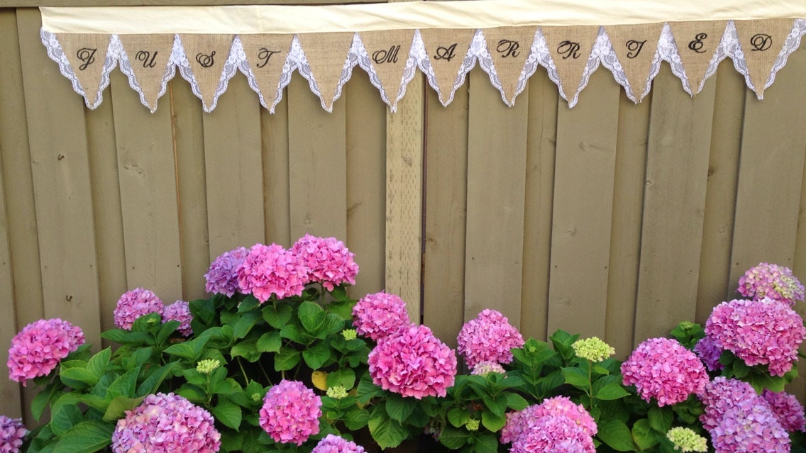 Just Married Burlap and Lace Wedding Banner, burlap pennant