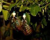 Real Feather Earrings -- Cruelty free - Fire Turqoise stones, Wooden Beads- Hippie, Boho, Dangle, Gypsy