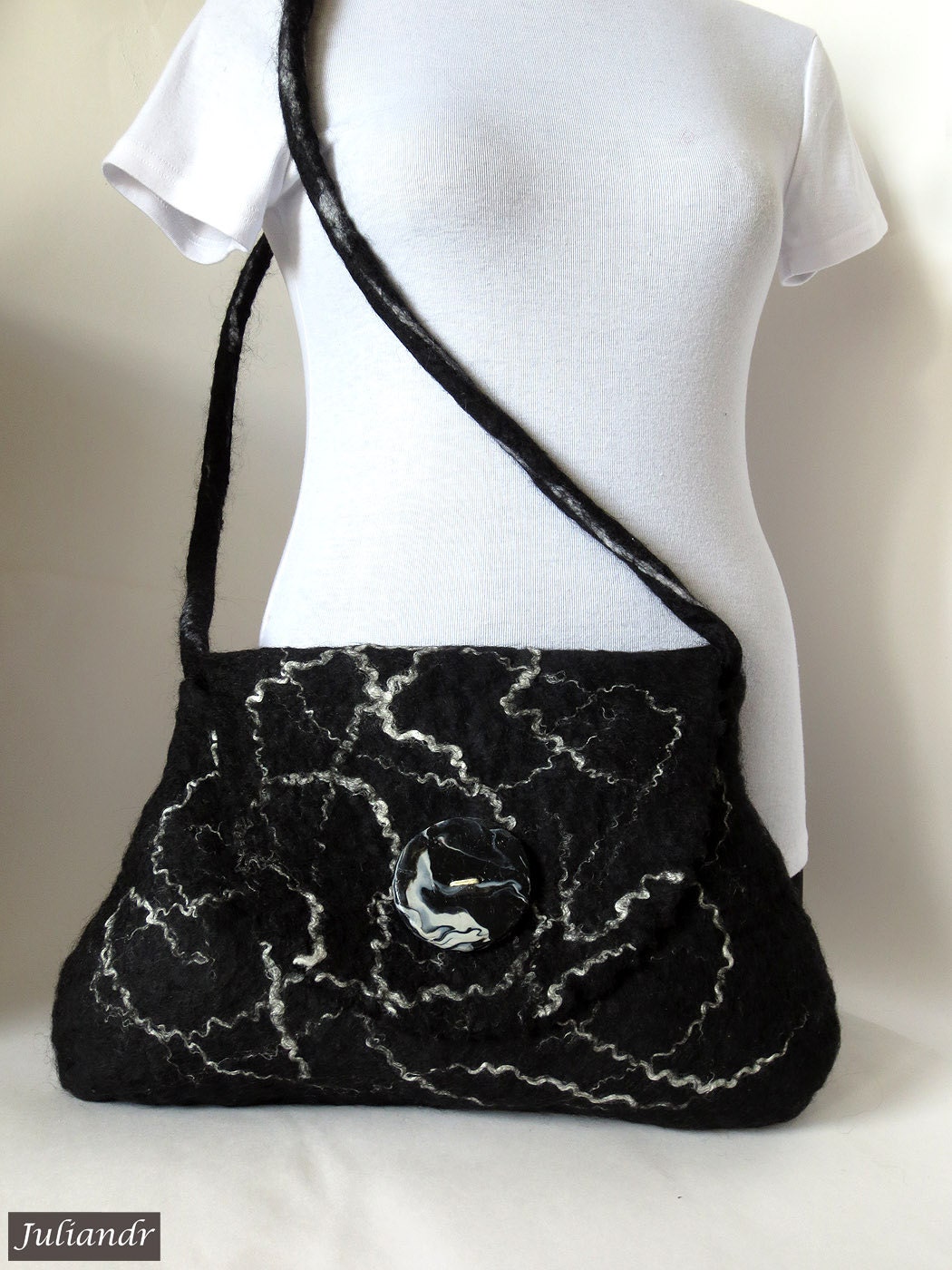 Black marble hand felted shoulder purse, unique one-of-a-kind OOAK