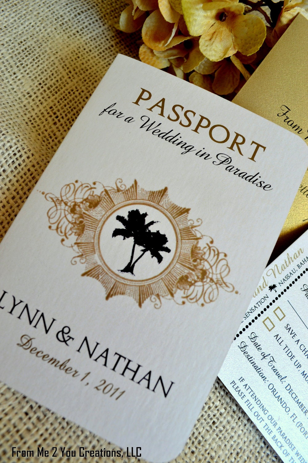 SAMPLE: Passport Wedding Invitation,  Simple Metallic Champagne/Gold and Cream Passport Wedding Invitation with RSVP/Guest Information Card