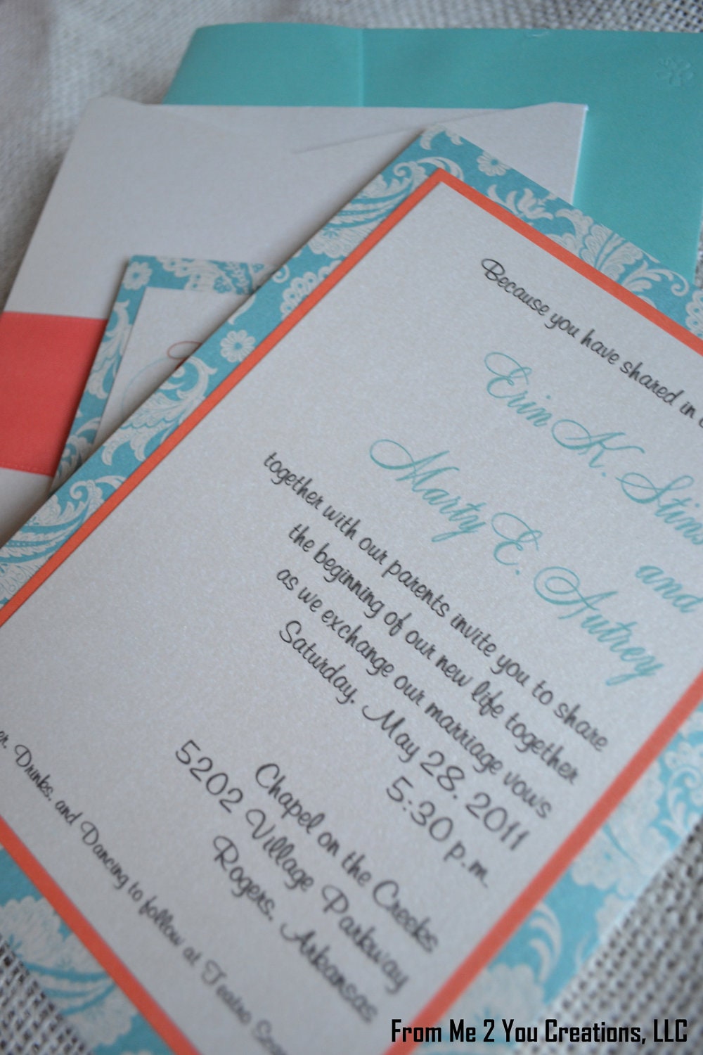 Beach Wedding Invitation--Metallic Teal, Coral, and Cream Damask/Paisley Tri-Layered Invitation w/ Pocket, Monogram Tab, Ribbon, and inserts