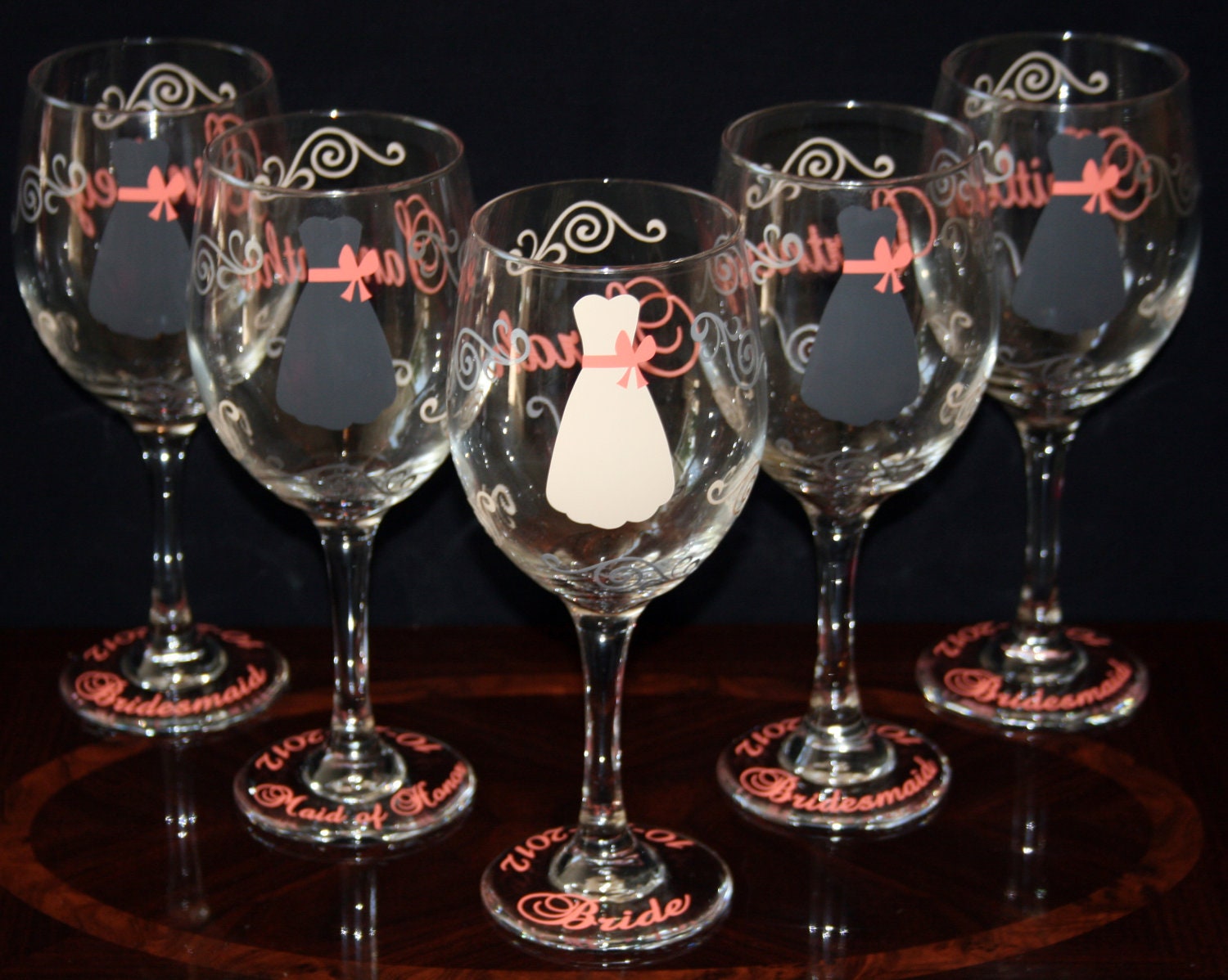 6 Personalized Bride and Bridesmaid Wine Glasses with Strapless Gown