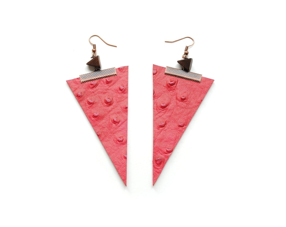 Triangle earrings, red ostrich leather, gold, copper, reversible, geometric, minimalist, wooden beads, tribal