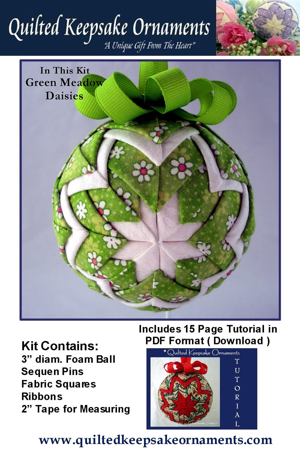 KIT - Quilted Keepsake Ornaments - Green Meadow Daisies Design - Kit Includes PDF Download Tutorial