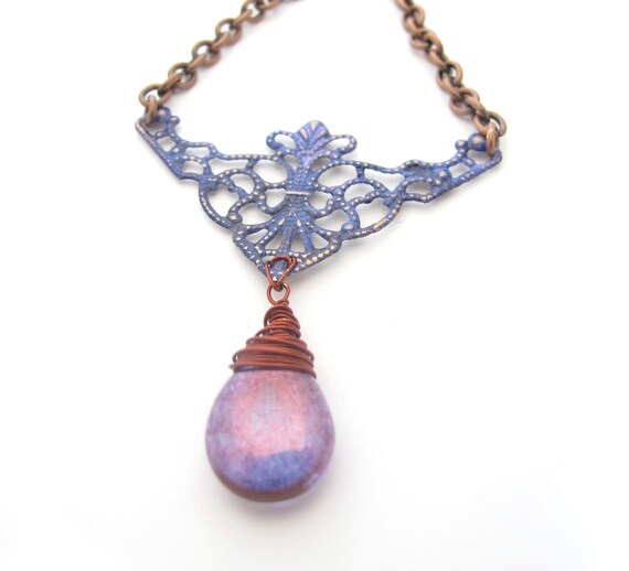 Filigree Patina Necklace and Wire Wrapped Pendant - Blue, Purple, and Copper