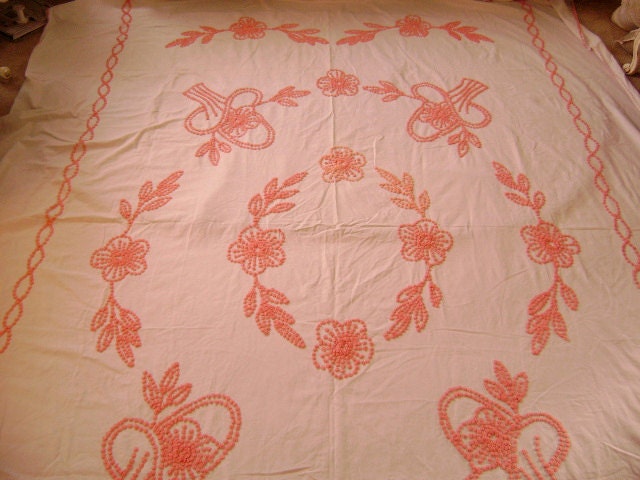 Handmade Vintage Chenille Bedspread - Pink Tufting on White Cotton - Twin or Full Coverlet, Throw, Crafting Supply