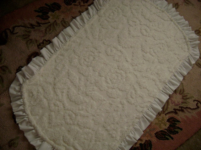 RESERVED - French Roses - Chenille White Ruffled Rug, Bath Mat, Area Rug, 22" x 35" Shabby Cottage Chic 'Scatter Rug'
