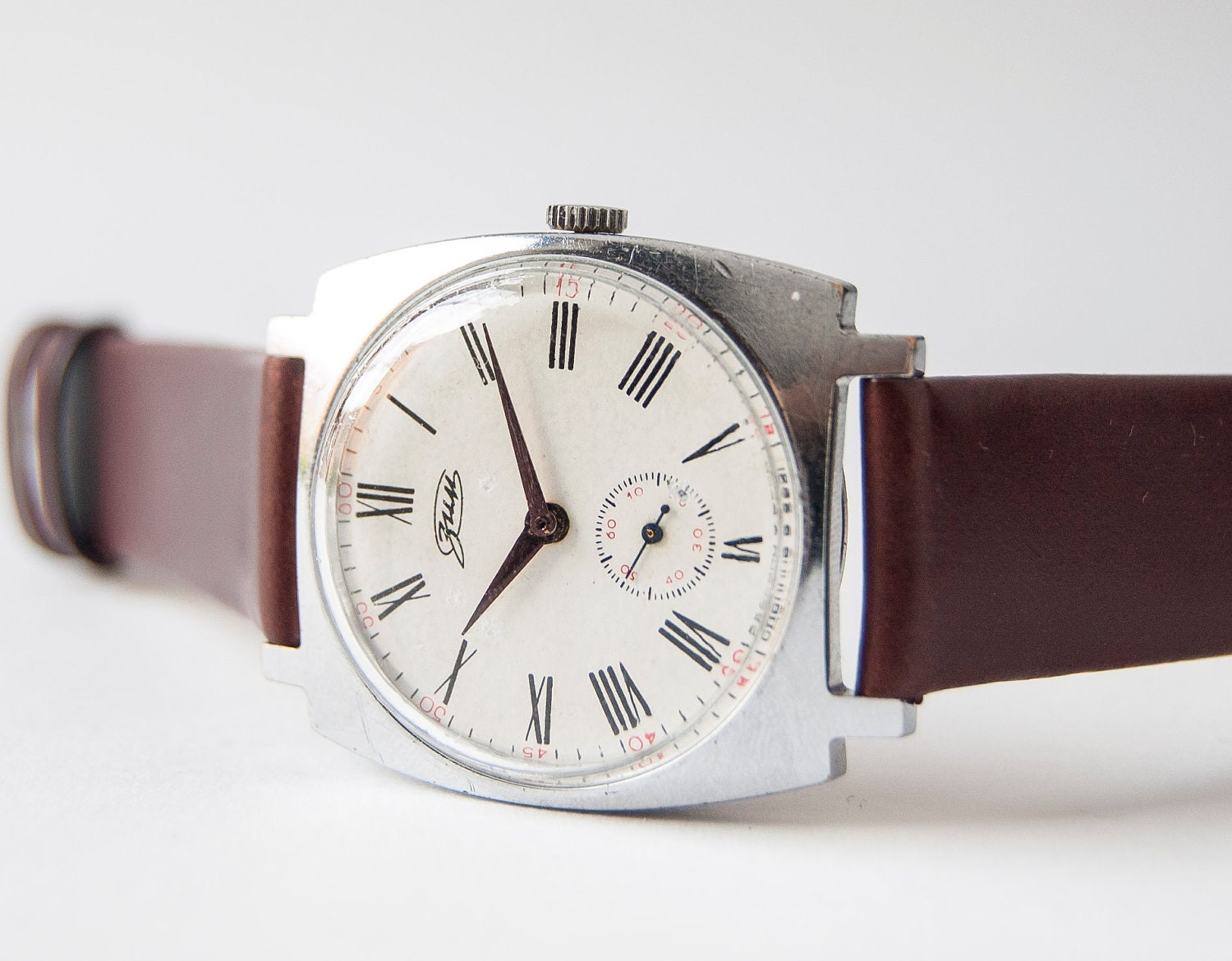 Soviet men's wrist watch ZIM, silver, coffee brown mechanical watch