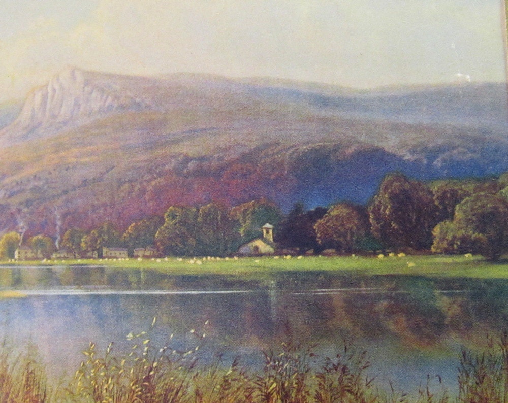 Vintage Rustic Scenic Lake Print Thomas Creswick Unframed Decor Art Mountains Farm Pastoral British Gift under 40
