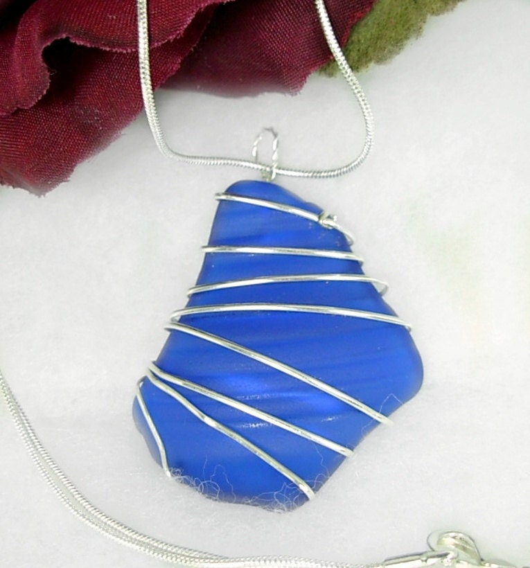 Cobalt Blue Sea Glass Pendant, Silver Wire Wrapped Necklace, Blue Beach Glass