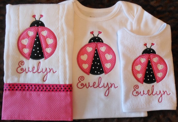 Girl's Pink Ladybug Onesie, Burp Cloth and Bib Set Sizes NB-24M