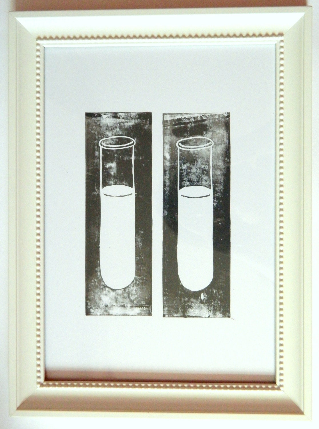 Test Tube lino print.  Original Artwork.  Charcoal Grey / Gray.  7.5 x 5.5 inches