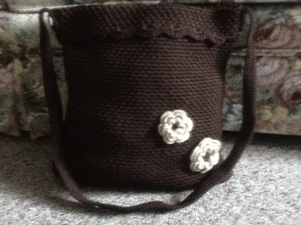 Hand Bag Tote in Brown, Shoulder Bag, Tote Bags, Crochet Bag and Purse, Crochet Brown Bags With Flowers, Usa Seller