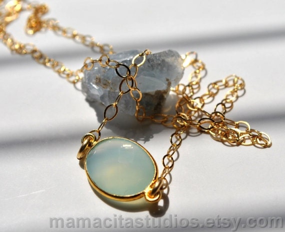 Mothers Day Sale Aqua Chalcedony Gold Necklace