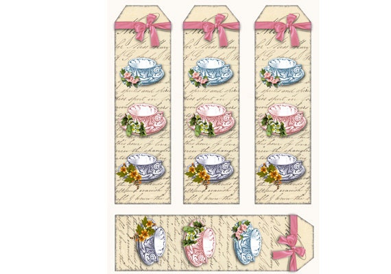 Tea Party Bookmarks Instant Download Vintage Tea Cups by sssstudio
