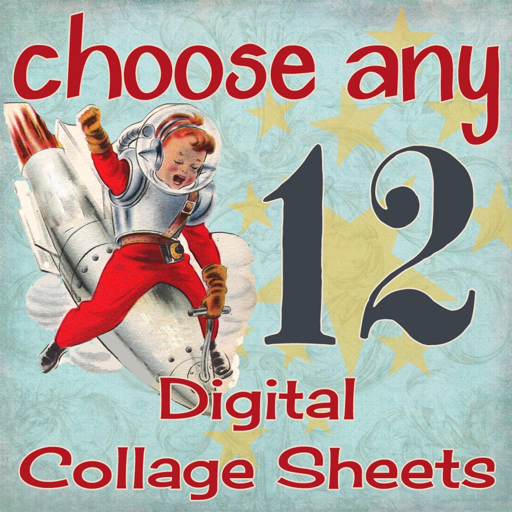 SALE - 12 Digital  Collage Sheets - Your Choice of Any in the Shop - Special Offer - Tags, ACEOs, Circles, Inchies, Dominoes