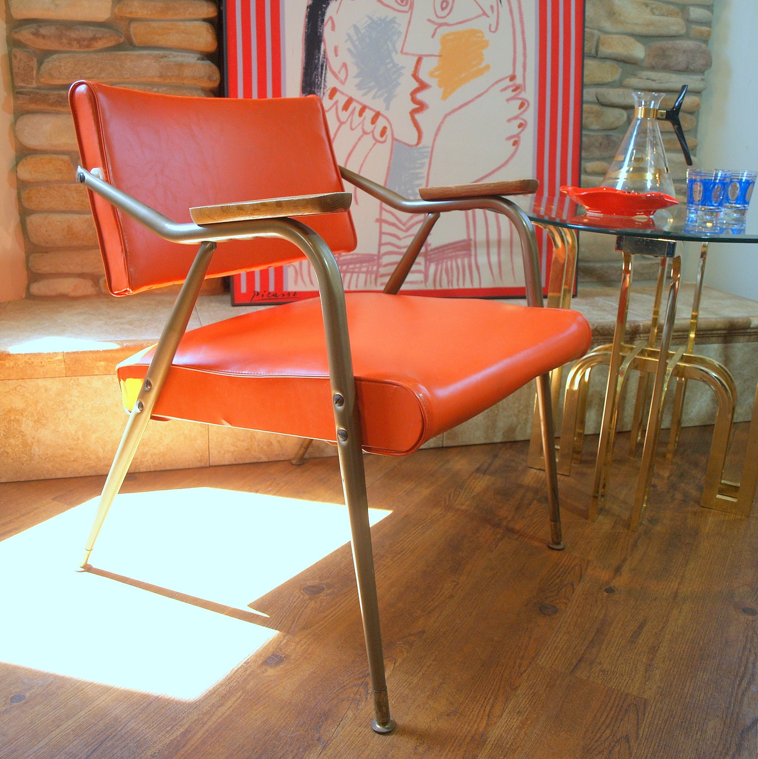 Vintage Bright ORANGE MID MOD Chair Mid Century Modern Tilt Back Arm Chair 1950s Vinyl Steel Wood Upholstered Spring Seat Retro Furniture