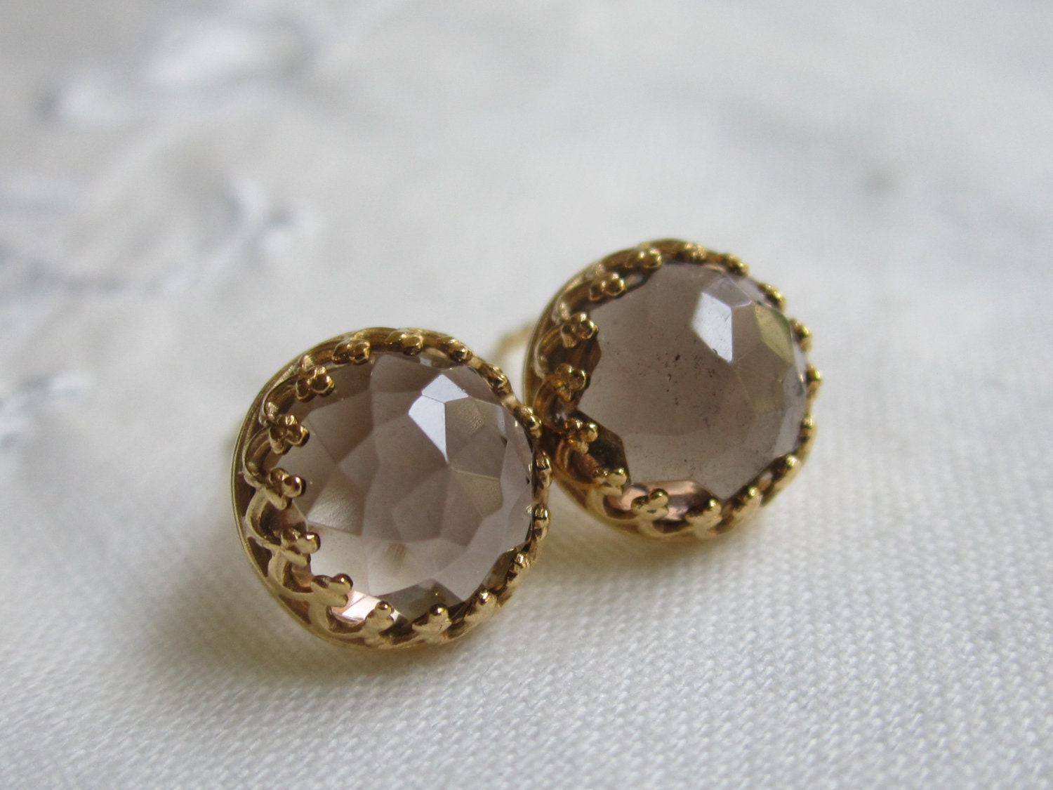 Smokey quartz stud earrings, Smokey quartz post earrings, 18k Gold stud earring, vintage earring, 8 mm , Bridesmaid earrings,Bridal earrings