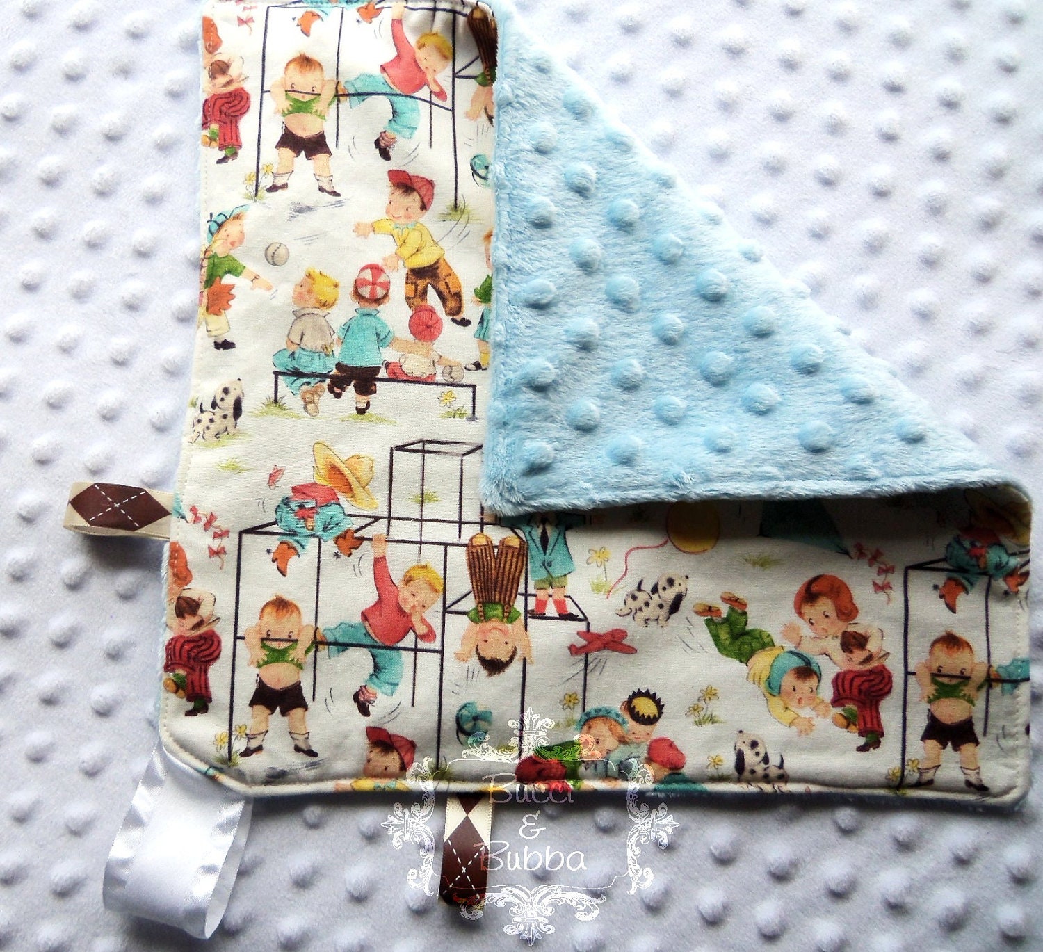 Baby Boy Vintage Blue Taggie Lovey Blanket 12"x12" - Blue & Orange Michael Miller Fun Times Vintage Print with Baby Blue Minky