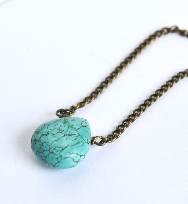 Single Turquoise Drop Stone Necklace, Detailed Vein Turquoise Small Stone Necklace, Blue Stone Jewelry, Single Strand Turquoise Necklace