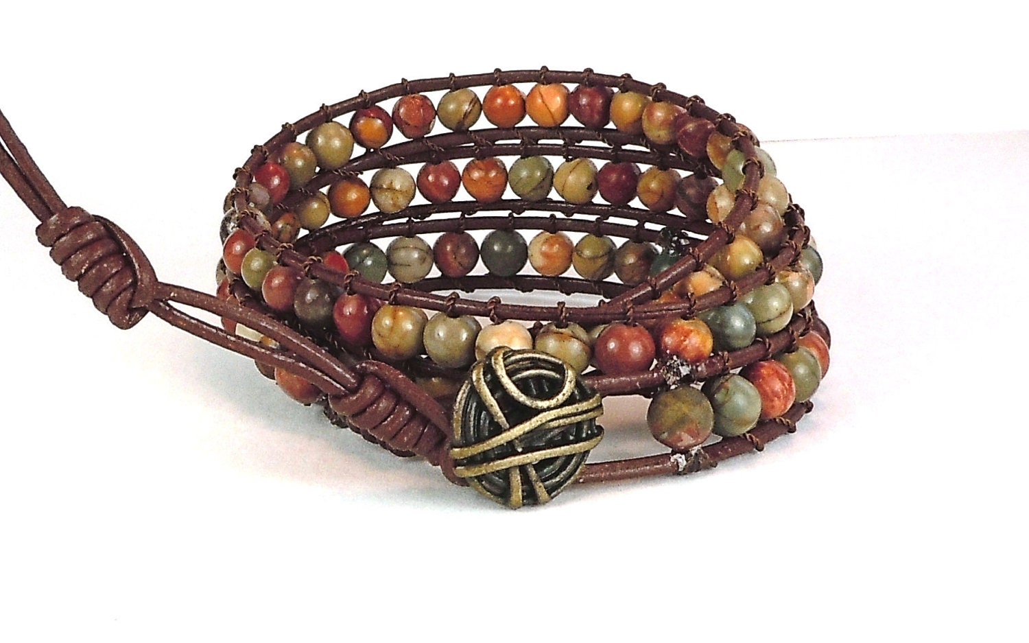 Triple Wrap Bracelet - Greek Leather Cord - Gemstone Wrap - Button Clasp