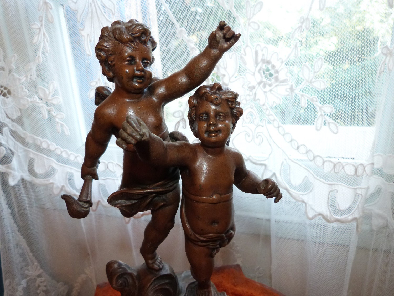 19thc angel statue cherub figurine, antique French Big angel sculpture putti with zodiac, spelter French Chateau home decor